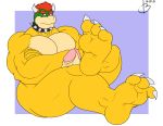  3_toes bayron_(artist) bowser collar crossed_arms feet foot_focus hair hi_res horn humanoid_penis koopa looking_at_viewer mario_bros nintendo penis red_eyes red_hair scalie simple_background solo spiked_collar spikes toes video_games yellow_skin 