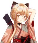  1girl bangs black_choker blonde_hair blush boots choker eyebrows_visible_through_hair girls_frontline gloves hair_between_eyes hair_ornament hair_ribbon hakama hakama_skirt japanese_clothes jewelry long_hair long_sleeves looking_at_viewer neck_ring ots-14_(girls_frontline) red_skirt ribbon rino_rea sidelocks simple_background skirt smile solo standing very_long_hair yellow_eyes 