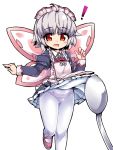  ! 1girl apron butterfly_wings eyebrows_visible_through_hair fairy grey_hair juliet_sleeves leg_up long_hair long_sleeves maid_headdress minigirl nemui_(nemui) open_mouth panties panties_under_pantyhose pantyhose placer_(sennen_sensou_aigis) puffy_sleeves red_eyes sennen_sensou_aigis short_hair simple_background skirt skirt_lift solo spoon striped striped_panties underwear white_background white_legwear wings 