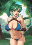  1girl bangs bikini blue_bikini breasts cowboy_shot deilan12 earrings fingerless_gloves fire_emblem fire_emblem:_the_blazing_blade gloves green_eyes green_hair highres jewelry large_breasts long_hair looking_at_viewer lyn_(fire_emblem) navel nose open_mouth ponytail solo swimsuit 