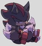  anthro black_fur blush clothing dipstick_tail eulipotyphlan fluffy footwear fur gloves handwear hedgehog male mammal multi_tail multicolored_tail red_eyes red_fur shadow_the_hedgehog shoes sikai simple_background sitting solo sonic_(series) white_background white_fur 