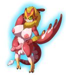  2019 anthro areola balls bird_wyvern breasts capcom coral_pukei-pukei digital_media_(artwork) erection gynomorph hi_res intersex looking_at_viewer monster_hunter navel nipples penis pukei-pukei signature simple_background solo suirano video_games 