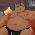  1:1 2015 anthro belly blush bottomwear burrito cartoon_network clothing detailed_abckground grizzly_(wbb) hat headgear headwear hi_res male mammal moobs navel nipples overweight overweight_male shorts sitting sofa ursid we_bare_bears xecond 