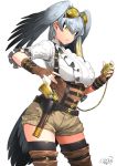  1girl alternate_costume bird_tail black_hair boots brown_gloves closed_mouth commentary_request cowboy_shot dated eyebrows_visible_through_hair fingerless_gloves gloves green_eyes grey_hair gun hair_between_eyes handgun happa_(cloverppd) head_wings kemono_friends multicolored_hair shoebill_(kemono_friends) short_sleeves shorts signature simple_background solo thigh_boots thighhighs thighhighs_under_boots weapon white_background 