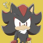  1:1 anthro black_fur clothing eulipotyphlan frown fur gloves handwear hedgehog japanese_text male mammal portrait red_eyes red_fur shadow_the_hedgehog sikai simple_background solo sonic_(series) text yellow_background 