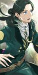  1boy belt blue_eyes capelet fire_emblem fire_emblem:_three_houses green_hair hair_bun linhardt_von_hevring long_hair mikami open_mouth solo teeth upper_body 