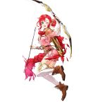  1girl armor arrow bangs boots bow_(weapon) broken broken_weapon brown_footwear fire_emblem fire_emblem:_mystery_of_the_emblem fire_emblem_heroes full_body green_eyes hair_ornament highres holding holding_bow_(weapon) holding_weapon kaya8 long_hair long_sleeves non-web_source norne_(fire_emblem) official_art one_eye_closed open_mouth quiver red_hair red_scarf scarf shiny shiny_hair shoulder_armor solo thighhighs tied_hair torn_clothes transparent_background weapon white_legwear zettai_ryouiki 