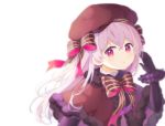  1girl absurdres bangs black_gloves blurry bow braid brown_bow brown_headwear brown_neckwear chun_sam dress elbow_gloves fate/extra fate/grand_order fate_(series) frown fur_trim gloves hand_up hat highres long_hair looking_at_viewer nursery_rhyme_(fate/extra) purple_eyes purple_scrunchie scrunchie silver_hair simple_background smile solo striped striped_bow upper_body white_background wrist_scrunchie 