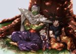  3boys black_hair boots cape closed_eyes crossed_arms dappled_sunlight day dougi dragon_ball dragon_ball_z expressionless father_and_son fingernails foot_out_of_frame frown full_body grass highres indian_style leaning leaning_on_person male_focus mattari_illust multiple_boys nature outdoors parted_lips piccolo pointy_ears serious sitting sleeping sleeping_on_person sleeping_upright son_gohan son_gokuu spiked_hair sunlight tree tree_shade turban wristband 