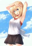  1girl :d armpits arms_up bare_arms bare_shoulders black_skirt blonde_hair blue_eyes blush breasts cleavage collarbone cowboy_shot fang frills highres leyte looking_at_viewer medium_breasts miniskirt open_mouth original red_shirt shirt shirt_tucked_in short_hair skirt sleeveless sleeveless_shirt smile solo standing undershirt v white_shirt 