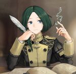  1boy blue_eyes book capelet epaulettes feathers fire_emblem fire_emblem:_three_houses garreg_mach_monastery_uniform green_hair linhardt_von_hevring long_hair low_ponytail mikami sitting solo upper_body 