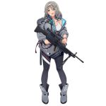  1girl :d bangs bipod blush boots bra breasts collarbone daewoo_k3 ddal eyebrows_visible_through_hair eyes_visible_through_hair full_body girls_frontline grey_eyes grey_footwear grey_hair grey_jacket grey_pants gun headband holding holding_gun holding_weapon jacket k3_(girls_frontline) large_breasts long_hair looking_at_viewer official_art open_mouth pants scope sidelocks smile solo transparent_background underwear upper_teeth weapon white_bra wristband 