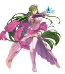  1girl boots breasts closed_mouth dress fire_emblem fire_emblem:_mystery_of_the_emblem fire_emblem_heroes floating floating_object full_body green_eyes green_hair hair_ornament highres jewelry long_hair low_twintails medium_breasts nagi_(fire_emblem) non-web_source official_art okaya_mrh pink_dress pointy_ears shiny shiny_hair smile solo stone thigh_boots thighhighs tiara transparent_background twintails very_long_hair 