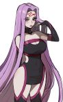  1girl absurdres bare_shoulders breasts cleavage covered_navel cowboy_shot ennuigrl facial_mark fate/grand_order fate/stay_night fate_(series) forehead_mark hand_up highres long_hair purple_eyes purple_hair rider simple_background solo strapless very_long_hair white_background 