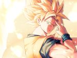  1boy backlighting blonde_hair blood blood_from_mouth blood_on_face blurry blurry_foreground bokeh bruise close-up depth_of_field dougi dragon_ball dragon_ball_z face finger_on_forehead finger_to_face green_eyes injury light_particles looking_at_another looking_back male_focus mattari_illust outstretched_arm shadow smile son_gokuu spiked_hair super_saiyan twitter_username upper_body wristband 