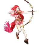  1girl armor arrow bangs belt boots bow_(weapon) brown_footwear fire_emblem fire_emblem:_mystery_of_the_emblem fire_emblem_heroes full_body green_eyes hair_ornament highres holding holding_bow_(weapon) holding_weapon kaya8 long_hair long_sleeves looking_away non-web_source norne_(fire_emblem) official_art quiver red_hair red_scarf scarf shiny shiny_hair shoulder_armor smile solo thighhighs tied_hair transparent_background weapon white_legwear zettai_ryouiki 