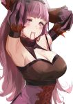  1girl adjusting_hair armpits arms_up bangs blunt_bangs blush breasts check_character cleavage detached_sleeves earrings fire_emblem fire_emblem:_three_houses highres hilda_valentine_goneril jewelry large_breasts long_hair mouth_hold ormille purple_eyes purple_hair simple_background skindentation solo sweat upper_body white_background 
