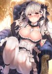  1girl azur_lane bangs bare_shoulders between_breasts black_dress blush breasts chair cleavage dress earrings elbow_rest eyebrows_visible_through_hair formidable_(azur_lane) frilled_dress frills grey_hair hair_ribbon hand_up highres jewelry kawai knees_up large_breasts long_hair long_sleeves looking_at_viewer pantyhose red_eyes ribbon sitting solo twintails two-tone_dress white_legwear 