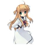  1girl ahoge arisa_bannings black_shirt blonde_hair blue_eyes blush closed_mouth commentary commentary_request dress eyebrows_visible_through_hair gotou_nao hair_tie hands_on_hips jacket leaning_forward long_hair long_sleeves looking_at_viewer lyrical_nanoha mahou_shoujo_lyrical_nanoha medium_dress neck_ribbon red_neckwear ribbon sailor_collar school_uniform seishou_elementary_school_uniform shirt simple_background smile solo standing two_side_up white_background white_dress white_jacket 