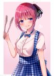  1girl :q bangs black_ribbon blue_skirt blunt_bangs blush breasts closed_mouth collared_shirt commentary_request dress_shirt eyebrows_visible_through_hair gingham gingham_skirt go-toubun_no_hanayome hair_ribbon heart holding looking_at_viewer medium_breasts nakano_nino pink_background pink_hair ponytail purple_eyes ribbon sakura_hiyori shirt skirt smile solo suspender_skirt suspenders tongs tongue tongue_out two-tone_background white_background white_shirt 