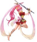  1girl arm_up bangs barefoot bow dress fire_emblem fire_emblem:_mystery_of_the_emblem fire_emblem_heroes full_body hair_bow highres holding holding_sword holding_weapon jewelry leg_up long_hair mayo_(becky2006) non-web_source official_art open_mouth phina_(fire_emblem) pink_eyes pink_hair shiny shiny_hair short_dress short_sleeves sidelocks solo sword tied_hair toes transparent_background weapon 