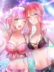  2girls bang_dream! bikini black_bikini breasts cleavage commentary_request cross-laced_swimsuit green_eyes grin highres large_breasts long_hair looking_at_viewer mairu003 multiple_girls navel night one_eye_closed open_mouth pink_bikini pink_hair plaid plaid_swimsuit pool poolside red_hair sarong smile swimsuit tied_hair udagawa_tomoe uehara_himari v w water 