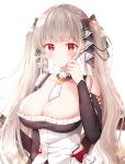  1girl azur_lane bangs bare_shoulders between_breasts black_bow black_dress blush bow breasts cleavage closed_mouth collarbone commentary_request dress eyebrows_visible_through_hair formidable_(azur_lane) frilled_dress frills grey_hair hair_bow hand_up highres large_breasts long_hair long_sleeves looking_at_viewer nasii red_eyes shoulder_cutout simple_background solo twintails very_long_hair white_background 