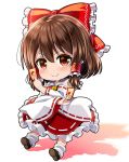 &gt;:) 1girl bangs banned_artist bare_shoulders blush bow brown_footwear brown_hair chibi closed_mouth commentary_request detached_sleeves eyebrows_visible_through_hair frilled_bow frilled_skirt frills full_body hair_between_eyes hair_bow hair_tubes hakurei_reimu long_hair long_sleeves loose_socks red_bow red_eyes red_shirt red_skirt ribbon-trimmed_skirt ribbon-trimmed_sleeves ribbon_trim shadow shirt shoe_soles shoes skirt sleeveless sleeveless_shirt smile solo touhou v-shaped_eyebrows white_background white_legwear wide_sleeves yellow_neckwear yuuka_nonoko 