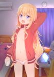  1girl absurdres air_conditioner bed bed_sheet bedroom blonde_hair blurry blurry_background breasts clock collarbone commentary_request computer curtains gabriel_dropout hand_on_own_head highres indoors jacket kerun laptop long_hair looking_at_viewer messy_room mouse_(computer) navel no_bra open_clothes open_jacket open_mouth panties pink_panties purple_eyes red_jacket ribbon_panties small_breasts solo tenma_gabriel_white track_jacket trash_bag underwear window yawning 