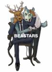  absurd_res beastars canid canine canis cervid cervine clothing duo hi_res legosi_(beastars) louis_(beastars) male male/male mammal necktie red_deer simple_background sitting solitudes standing suit suspenders text white_background wolf 