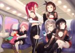 5girls absurdres afterglow_(bang_dream!) aoba_moca aqua_eyes ass bang_dream! black_choker black_dress black_footwear black_hair black_hairband black_pants boots breasts brown_hair choker cleavage cleavage_cutout commentary_request crossed_legs dress drooling earphones elbow_gloves gloves grey_hair hairband hazawa_tsugumi highres huge_filesize jewelry knee_boots lock long_hair looking_away low_twintails mitake_ran multicolored_hair multiple_girls necklace pants pink_hair plaid plaid_skirt plaid_sleeves ponytail red_eyes red_hair shared_earphones shinkansen short_hair single_glove single_thighhigh skirt sleeping standing streaked_hair thigh_strap thighhighs train_interior twintails udagawa_tomoe uehara_himari user_ssje7584 white_gloves yellow_eyes 