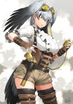 1girl alternate_costume bird_tail black_hair boots brown_gloves closed_mouth commentary_request cowboy_shot dated eyebrows_visible_through_hair fingerless_gloves gloves green_eyes grey_background grey_hair gun hair_between_eyes handgun happa_(cloverppd) head_wings kemono_friends multicolored_hair shoebill_(kemono_friends) short_sleeves shorts signature solo steampunk thigh_boots thighhighs thighhighs_under_boots weapon 