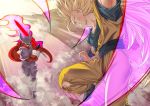  2boys absurdly_long_hair blonde_hair blue_eyes boots bruise clenched_teeth dougi dragon_ball dragon_ball_z energy energy_sword evil_smile fighting_stance flying grin holding holding_sword holding_weapon horns injury janemba long_hair looking_at_another male_focus mattari_illust multiple_boys pants pointy_ears profile sharp_teeth shirt smile son_gokuu super_saiyan_3 sword teeth torn_clothes torn_legwear torn_pants torn_shirt twitter_username very_long_hair weapon wide_shot wristband 