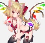 1girl :3 animal_ear_fluff animal_ears bare_shoulders black_legwear blonde_hair blush bow bra breasts cat_ears cat_tail cleavage closed_mouth crystal eyebrows_visible_through_hair flandre_scarlet frilled_cuffs front-tie_bra garter_belt grey_background hair_bow highres kawachi_rin kneeling lace lace-trimmed_bra leaning_forward long_hair neck_garter paw_pose red_bra red_eyes red_legwear red_ribbon ribbon short_hair side_ponytail simple_background small_breasts smile solo tail thighhighs touhou underwear underwear_only wings wrist_cuffs 