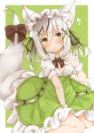  1girl animal_ear_fluff animal_ears bangs between_legs bow breasts brown_bow brown_eyes brown_hair brown_ribbon cleavage closed_mouth commentary_request eyebrows_visible_through_hair fingernails fox_ears fox_girl fox_tail frilled_skirt frills green_background green_nails green_ribbon green_skirt grey_hair hair_between_eyes hair_in_mouth hair_ornament hair_ribbon hairclip hand_between_legs hand_up heart highres minato_yu0 multicolored_hair nail_polish original puffy_short_sleeves puffy_sleeves ribbon shirt short_sleeves sitting skirt small_breasts solo streaked_hair tail tail_bow tail_raised two-tone_background wariza white_background white_shirt wrist_cuffs x_hair_ornament 