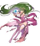  1girl boots breasts dress fire_emblem fire_emblem:_mystery_of_the_emblem fire_emblem_heroes floating floating_object full_body green_eyes green_hair hair_ornament highres jewelry long_hair looking_away low_twintails medium_breasts nagi_(fire_emblem) non-web_source official_art okaya_mrh open_mouth pink_dress pointy_ears shiny shiny_hair solo stone thigh_boots thighhighs tiara torn_clothes transparent_background twintails very_long_hair 