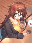  1girl absurdres bow breasts brown_eyes brown_hair bubble_tea collarbone commentary_request eyebrows_visible_through_hair fate/grand_order fate_(series) from_below ganesha_(fate) glasses hair_bow heart highres huge_breasts kotoribako long_hair long_sleeves looking_at_viewer navel plump red_bow sitting table 