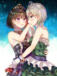  2girls aoba_moca bang_dream! black_hair blush bow commentary_request dress earrings eyebrows_visible_through_hair gloves green_dress green_eyes grey_dress grey_hair hand_on_another&#039;s_mouth hand_on_another&#039;s_waist holding_hands jewelry mitake_ran multicolored_hair multiple_girls necklace nyacha_(tya_n_ya) purple_eyes red_hair short_hair streaked_hair tiara white_gloves yuri 
