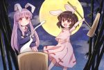  2girls animal_ears bamboo blazer blush brown_hair bunny_ears carrot_necklace closed_mouth crossed_arms eyebrows_visible_through_hair full_moon highres imperishable_night inaba_tewi jacket kibisake long_hair mallet midriff_peek mochi mochitsuki moon moon_rabbit multiple_girls navel night night_sky open_mouth plaid plaid_skirt purple_hair red_eyes red_neckwear reisen_udongein_inaba ribbon-trimmed_dress skirt sky smile touhou 