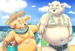  2019 anthro beach belly blue_eyes blush canid canine canis clothing cu_sith_(tas) domestic_dog duo hat headgear headwear humanoid_hands kiyo leib_(tas) male mammal moobs navel nipples overweight overweight_male polar_bear seaside smoking swimwear tokyo_afterschool_summoners towel ursid ursine video_games water 