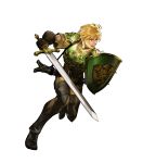  1boy akira_(kaned_fools) armor astram_(fire_emblem) belt blonde_hair boots brown_eyes fire_emblem fire_emblem:_mystery_of_the_emblem fire_emblem_heroes full_body gloves highres official_art open_mouth shield solo sword teeth transparent_background weapon 