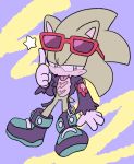  abstract_background anthro blue_eyes blush clothing eulipotyphlan eyewear footwear fur gloves green_fur handwear hedgehog jacket male mammal scar scourge_the_hedgehog shoes sikai solo sonic_(series) star sunglasses tongue tongue_out topwear 