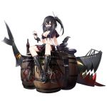  1girl alcohol animal azur_lane barrel bird black_footwear black_gloves black_hair black_headwear black_shirt boots bottle breasts cleavage covered_mouth crop_top cup fingerless_gloves gloves hair_between_eyes hand_up hat high_collar highres holding holding_cup knee_boots large_breasts long_hair looking_at_viewer midriff multicolored_hair navel official_art ootsuki_momiji peaked_cap raven_(animal) red_eyes red_skirt shirt short_sleeves sitting skirt solo stomach streaked_hair transparent_background u-47_(azur_lane) u-47_(lone_wolf&#039;s_room) wine wine_bottle 