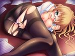  blonde_hair blue_eyes censored glasses highres massan masturbation original pantyhose pussy solo torn_clothes torn_legwear 