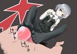  blush censored cfnm character_request clothed clothed_female_nude_male cum feet footjob green_eyes grey_hair necktie pantyhose penis sanya_v_litvyak short_hair strike_witches tie 