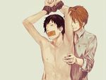  clothed_male_nude_male clothed_on_nude cmnm koizumi_itsuki kyon lowres nipple nipple_rub nipples suzumiya_haruhi_no_yuuutsu tied tied_up yaoi 