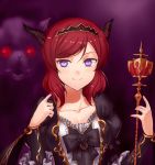  1girl bangs black_hairband black_neckwear breasts cleavage collarbone eyebrows_visible_through_hair hair_between_eyes hairband holding holding_staff horns jyon long_sleeves looking_at_viewer love_live! love_live!_school_idol_project medium_breasts nishikino_maki purple_eyes red_hair short_hair smile solo staff swept_bangs upper_body 