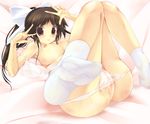  :p bad_id bad_pixiv_id bed blush bow breasts brown_eyes brown_hair censored hair_bow kuon_itsuki large_breasts long_hair love_plus lying on_back ponytail pussy socks solo takane_manaka tongue tongue_out topless white_legwear 