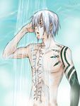  allen_walker bathing d.gray-man gradient gradient_background male male_focus muscle scar shower solo tattoo water wet white_hair 