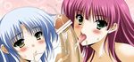  angel_beats! blush censored cum ejaculation green_eyes hetero long_hair multiple_girls oda_ken'ichi open_mouth penis pointless_censoring purple_hair silver_hair sweat tenshi_(angel_beats!) tongue yuri_(angel_beats!) 